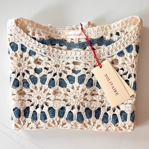 Solitaire Crochet Pullover Top Women's Sz M Round Neck Cap Sleeves Floral NWT - Picture 13 of 14